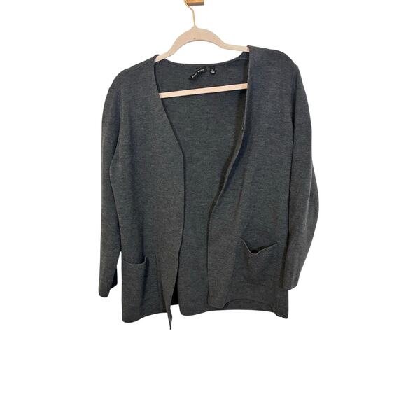 Anne Klein Minimalist Prep Gray Charcoal 100% wool long sleeve cardigan Cozy L - Picture 1 of 5